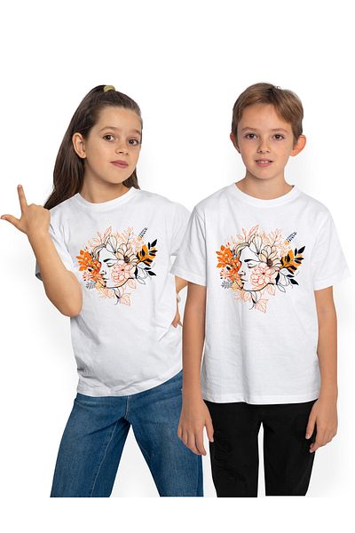StoryGift Romania Children's T-shirt with a woman's face, illustration, orange leaves, abstract art, plants, n