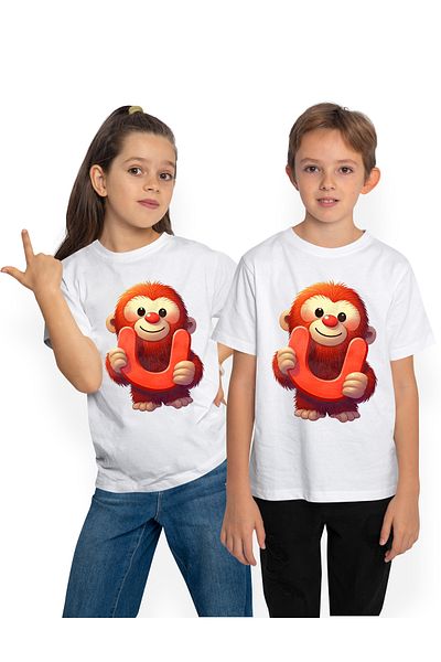 StoryGift Romania Children's T-shirt with an orangutan with the letter "U", illustration, for children, school, student, alphabet
