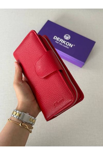 DERKON Genuine Leather Cerny Model Women's Wallet with Plenty of Card Holders Red