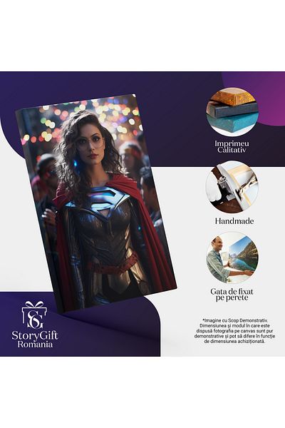 StoryGift Romania Tablou Canvas: Supereroul Femeie Cu Salopeta Argintie Si Pelerina Rosie Cu Ochelari Si Parul C