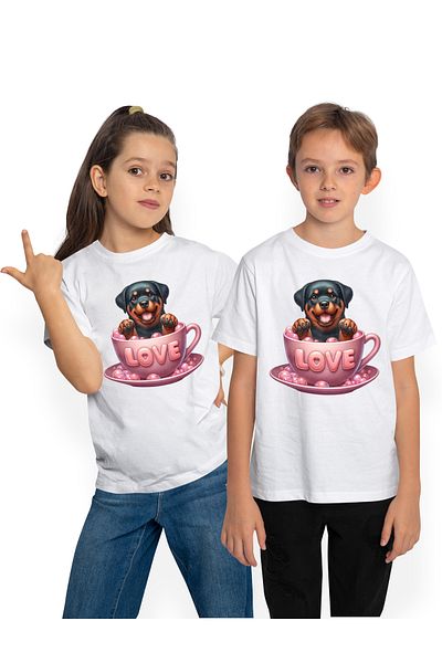 StoryGift Romania Tricou Copii Cu Un Catel Rottweiler Care Sta Intr-o Ceasca Pe Care Scrie "love", Ilustrati