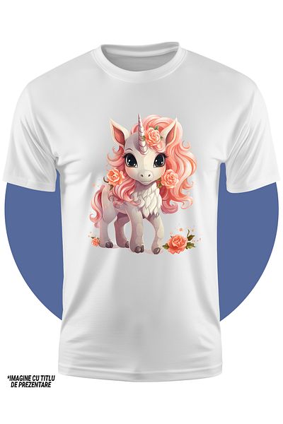StoryGift Romania Children's T-shirt with a cheerful unicorn, illustration, shy, orange roses, flowers, surprise