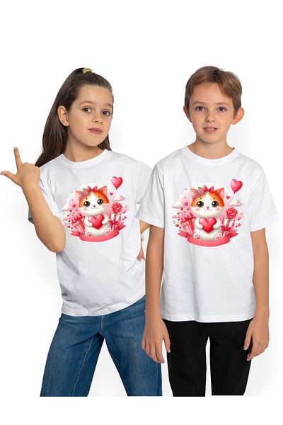 StoryGift Romania Tricou Copii Cu O Pisicuta Dragalasa Care Tine In Brate O Inimioara, Ilustratie, Iubire, D