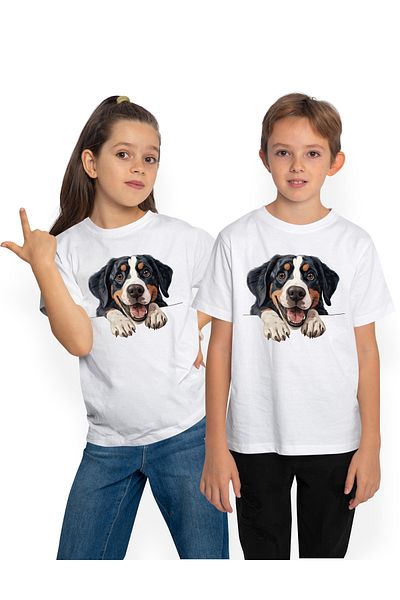 StoryGift Romania Children's T-shirt with a happy dog ​​that can't wait to play, illustration, trained, for