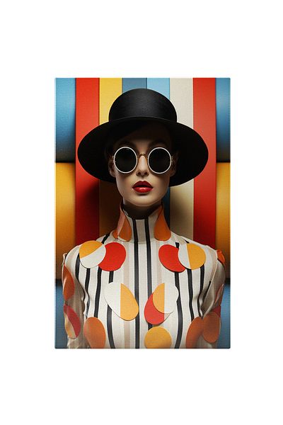 StoryGift Romania Tablou Canvas: Portret Feminin Cu Palarie Neagra - Bluza Cu Dungi Pictura Digitala