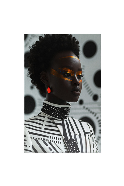 StoryGift Romania Tablou Canvas Black Elegance Cu Parul Scurt Cret Cu Cercei Portocali Fosforescenti Si Pictura