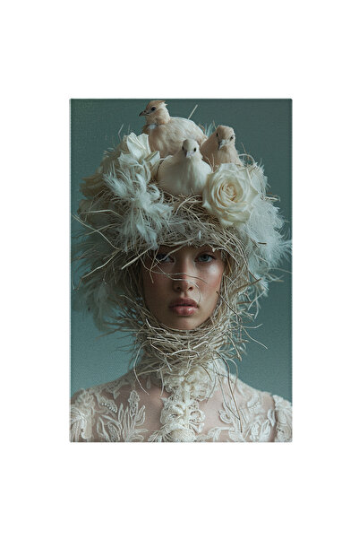 StoryGift Romania Tablou Canvas Crenguțele Ce Împletesc Cuibul Păsărilor Albe Pe Capul Fetei Cu Ochi Lini , Pictu