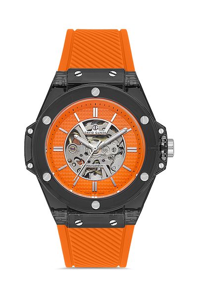 DAVID GUNER Silver Coated Automatic Men's Wristwatch with Orange Dial - Dg-8659Gd-Zq11