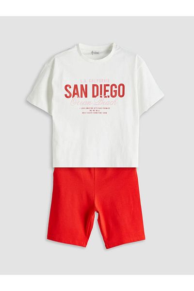 LC Waikiki LCW Kids Ecru Crew Neck San Diego Printed Girl's T-Shirt and Leggings