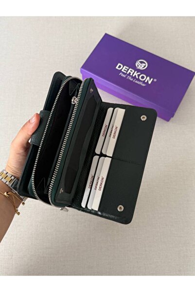 DERKON Genuine Leather Cerny Model Women's Wallet with Plenty of Card Holders Green