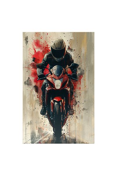 StoryGift Romania Tablou Canvas Iubitor De Motociclete, Un Barbat In Costum Negru Si Casca De Protectie Pe O Mot