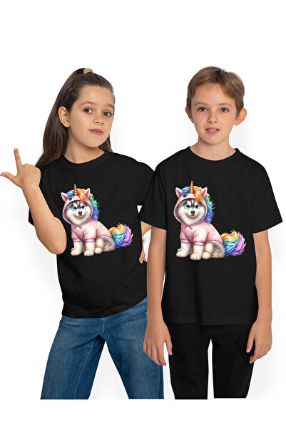 StoryGift Romania Tricou Copii Cu Un Catelus Husky Costumat In Unicorn, Ilust...