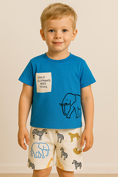 Nimini Kids Letnji set za dečake sa slonom Štampano Sa detaljem džepa sa šort...
