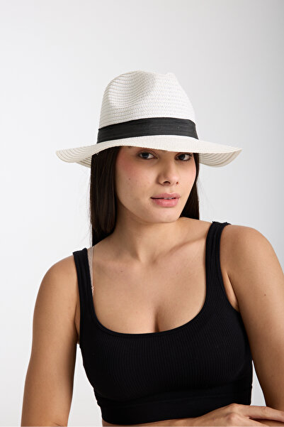 Moda Days Γυναικείο ψάθινο καπέλο καλοκαιρινό με φαρδύ γείσο και κορδέλα, λευ...