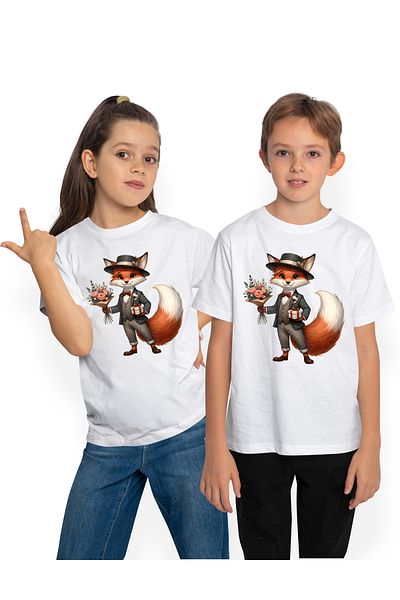 StoryGift Romania Tricou Copii Cu Un Vulpoi Care Tine Un Buchet Cu Flori Si Un Cadou, Ilustratie, Dar Pentru