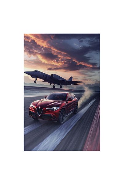 StoryGift Romania Tablou Canvas Masina Rosie Circuland Pe Strada Cu Viteza Avand In Spate Un Avion Alb Care Deco