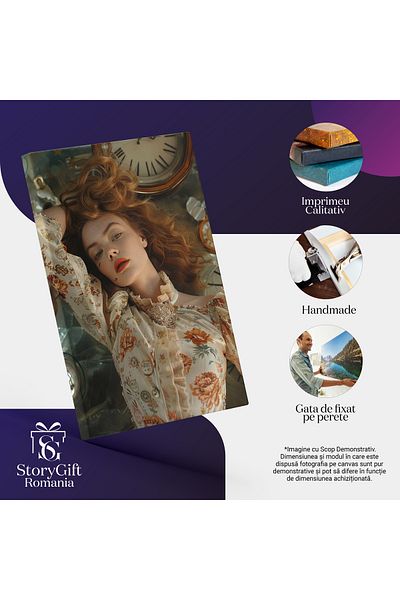 StoryGift Romania Tablou Canvas: Fata Cu Tatuaje Pe Față Roșcata Pe Masa Cu Ceasuri Și Broșă Cu Perle La Gât Pict