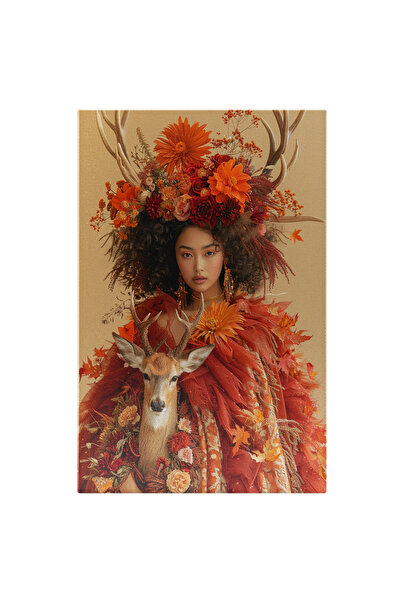 StoryGift Romania Tablou Canvas Pui De Cerb Speriat Ascuns In Rochia Tomnatica A Fetei Cu Parul Saten Si Coarne