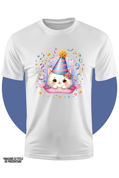 StoryGift Romania Tricou Copii Cu O Pisicuta Vesela, Ilustratie, Mesajul "happy Birthday", Coif, La Multi An