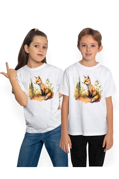 StoryGift Romania Tricou Copii Cu Un Vulpoi Curios, Ilustratie, Copaci, Iarba, Natura, Padure, Animal Salbat