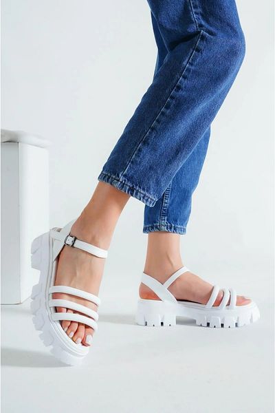 asmi shoes Sandale cu talpă ortopedică cu talpă înaltă, albă, cu dungi