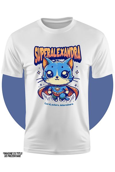 StoryGift Romania Tricou Copii Fete Super Alexandra, Supererou, Pisica Zburand 100% Bumbac, Unisex, Alb, 12