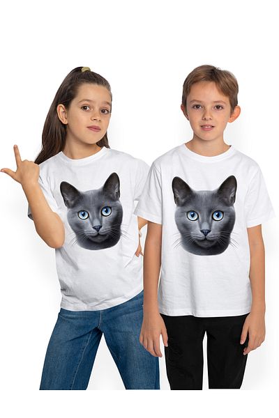 StoryGift Romania Tricou Copii Cu Un Cap De Pisica, Ilustratie, Serioasa, Cenusie, Pentru Iubitorii De Pisic