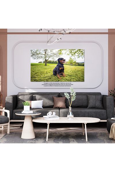 StoryGift Romania Tablou Canvas Caine De Rasa Rottweiler Sta Pe Lunca Sub Un Pom Natura, Animale, Iarba, Primavar