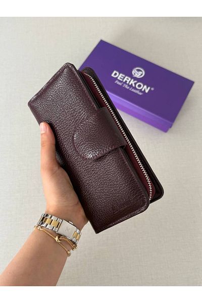 DERKON Genuine Leather Cerny Model Women's Wallet with Plenty of Card Holders Claret Red