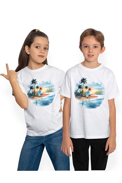 StoryGift Romania Tricou Copii Cu O Plaja, Ilustratie, Placa De Surf, Vacanta, Palmieri, Insule, Apa, Mare,