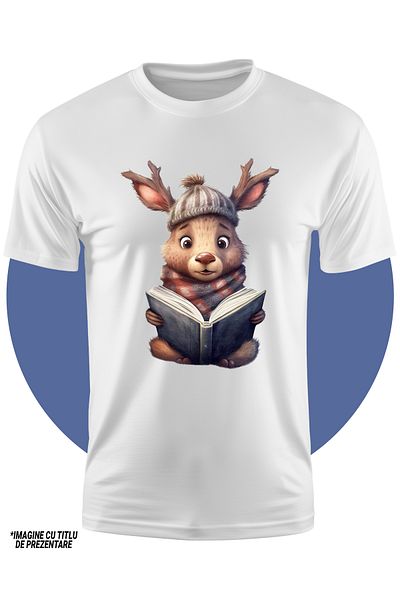 StoryGift Romania Tricou Copii cu un cerb care citeste dintr-o carte, ilustratie, lectura, pentru pasionatii