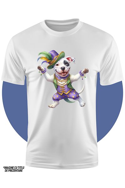 StoryGift Romania Tricou Copii Cu Un Catel Care Danseaza, Ilustratie, Circ, Spectacol, Palarie, Pene, Vesel