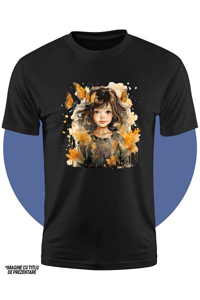 StoryGift Romania Children's T-Shirt With A Cute Little Girl, Illustration, Black Hair, Orange Butterflies, Autumn, P