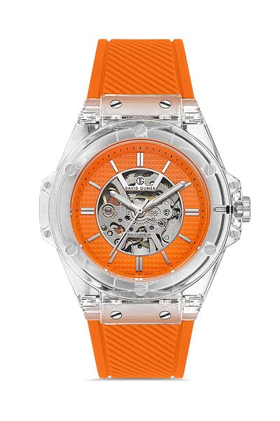 DAVID GUNER Silver Coated Automatic Men's Wristwatch with Orange Dial - Dg-8659Gd-Zq11