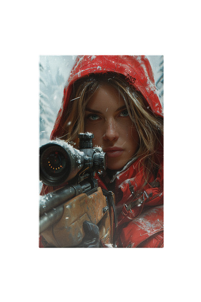 StoryGift Romania Tablou Canvas: Sniper Varianta Modelului Feminin Cu Scufiță Roșie Iarnă Și Ninsoare Neîncetată