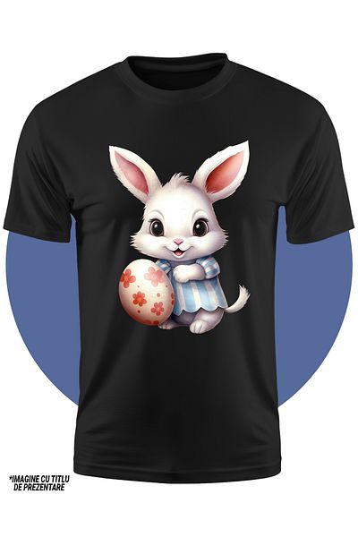 StoryGift Romania Tricou Copii Cu Un Iepuras Alb Care Tine Un Ou Vopsit, Ilustratie, Sarbatori Pascale, Vese