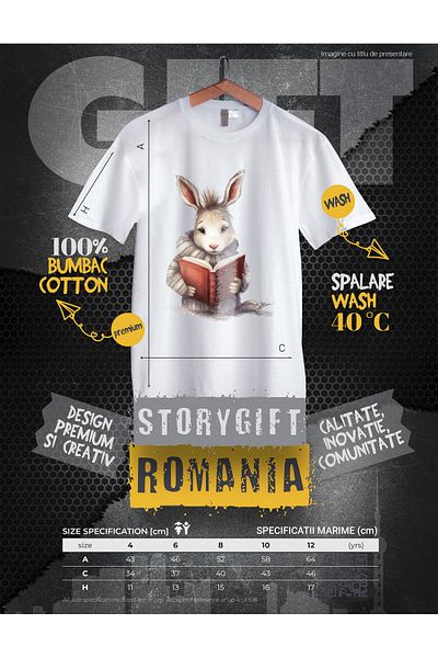 StoryGift Romania Tricou Copii cu un iepuras care citeste, ciufulit, carte, lectura, pentru pasionatii de ci