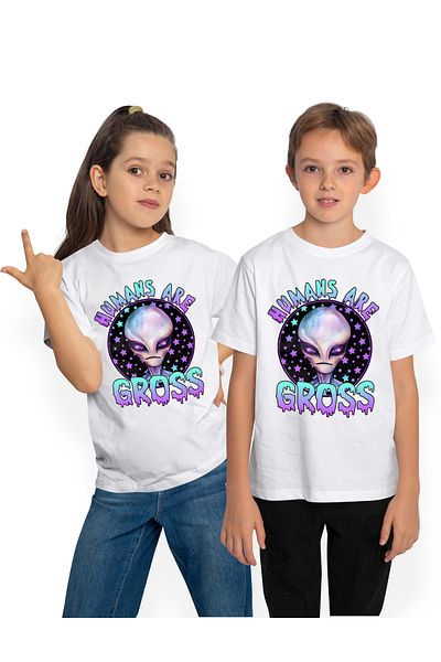 StoryGift Romania Tricou Copii Cu Un Extraterestru, Ilustratie, Oamenii Sunt Groaznici, Cerc, Mesajul "human
