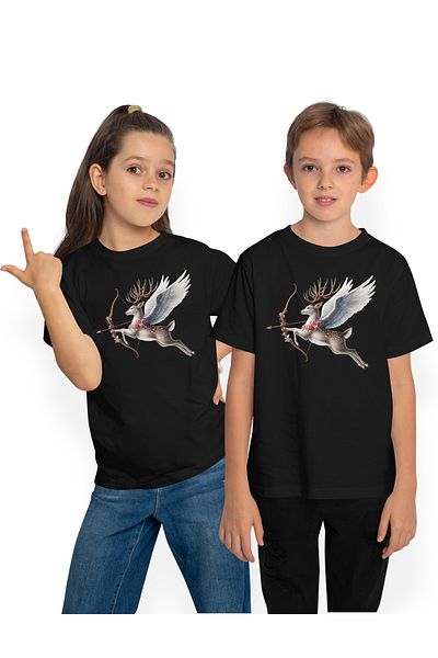 StoryGift Romania Tricou Copii Cu Un Cerb Cupidon, Ilustratie, Trage Cu Arcul, Aripi, Indragostire, Valentin