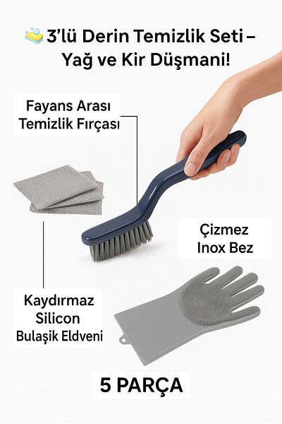 UGA İthalat 3-Piece Ultra Cleaning Set – Brush with Tweezers + Inox Cloth + Silicone Glove |   Grease, Dirt and Joint Monster