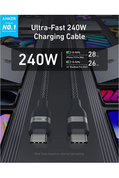 Anker انكر سلك شحن سريع تايب سي الى تايب سي قماشي 240 واط 1.8 متر اسود