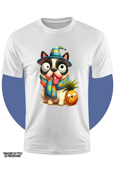 StoryGift Romania Tricou Copii Cu Un Catel Care Are O Privire Dubioasa, Nebunatic, Palarie, Ananas, Fular 1