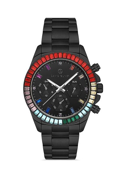 DAVID GUNER Black Coating Multi-Function Stainless Solid Steel Unisex Wristwatch with Black Dial