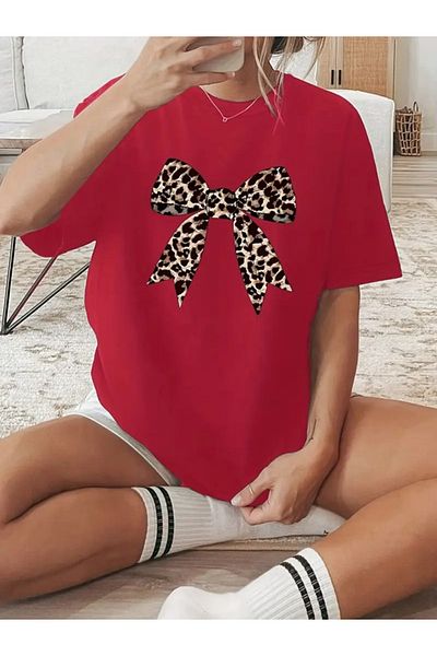 EXPECTED Women's Leopard Ribbon Oversize Cotton Stylish T-Shirt
