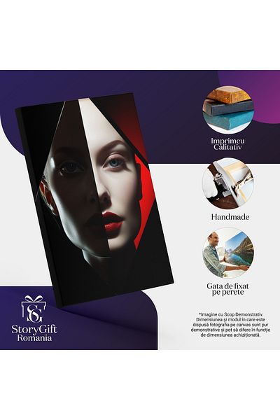 StoryGift Romania Tablou Canvas: Chip Feminin Jumatate Intunecat Jumatate Luminos Cu Ruj Rosu In Decor Romb Rosu