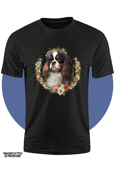 StoryGift Romania Tricou Copii Cu Un Catel Serios De Talie Mica, Ilustratie, Floricele Pe Cap Si In Forma De