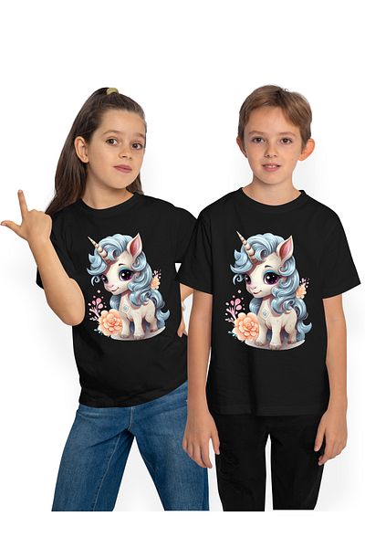 StoryGift Romania Children's T-shirt with a little unicorn, illustration, cheerful, happiness, orange flowers, for co