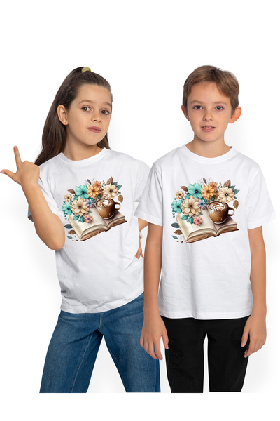 StoryGift Romania Tricou Copii Cu O Carte Deschisa, Ilustratie, Ceasca Cu Caf...