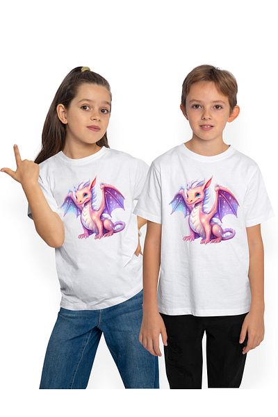 StoryGift Romania Children's T-shirt with a dragon with a shiny body, illustration, stars on the wings, orange, P