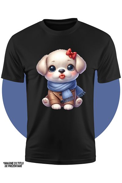 StoryGift Romania Tricou Copii Cu Un Catelus Care Da Un Pupic, Ilustratie, Fular, Imbracat Gros, Frig, Iarna